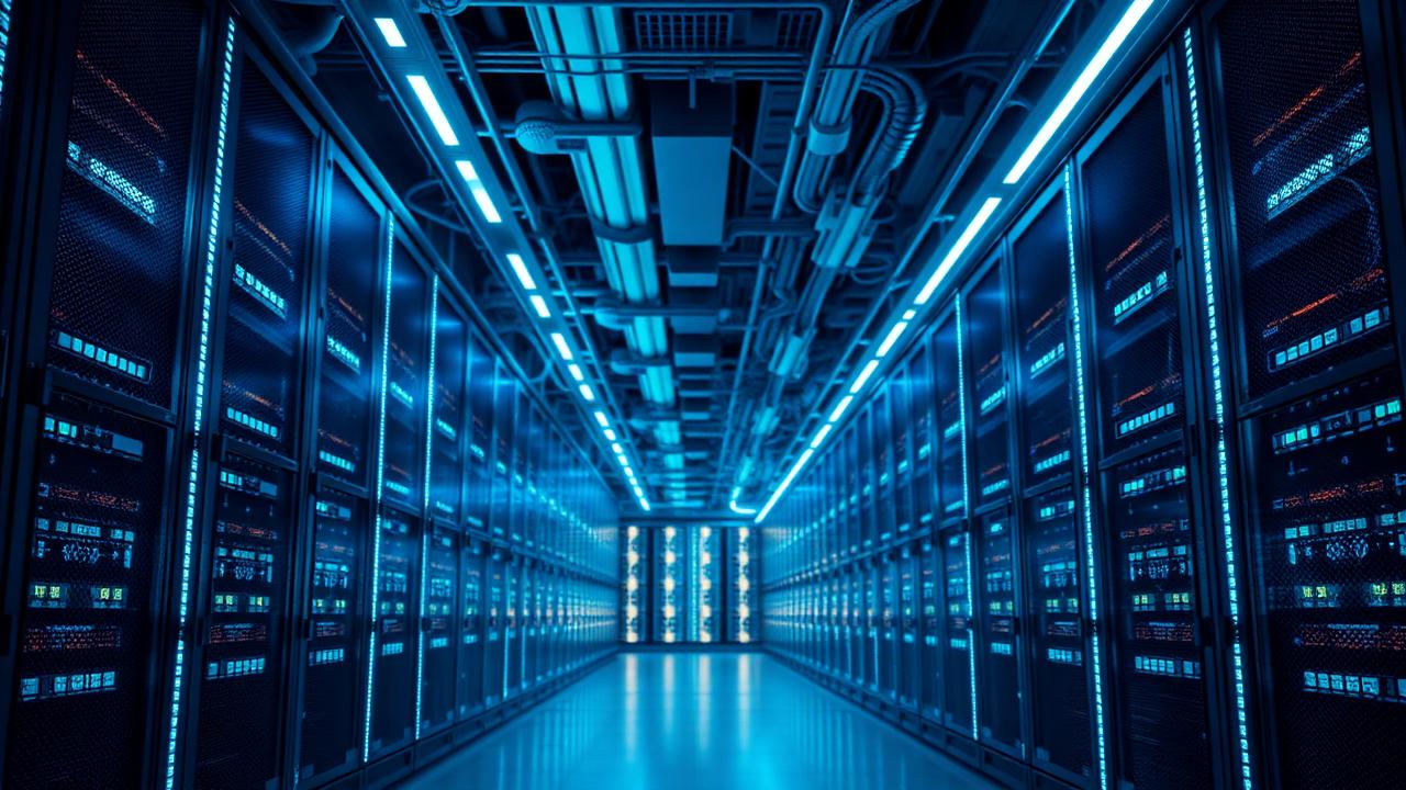 Rows of glowing servers inside a modern AI data centre