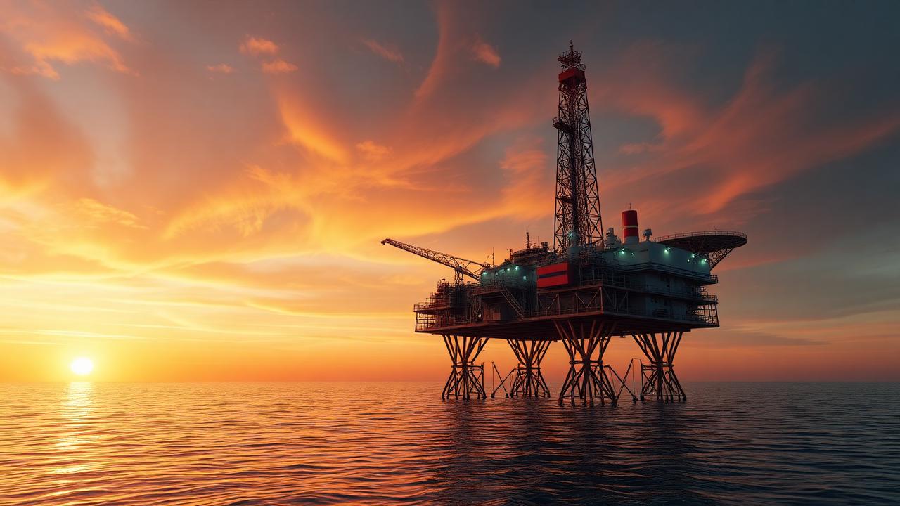 Offshore oil platform silhouetted against a dramatic sunset over the ocean