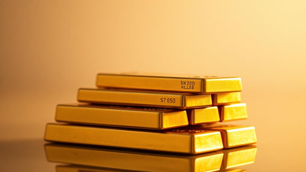 Stack of polished gold bullion bars on a reflective surface