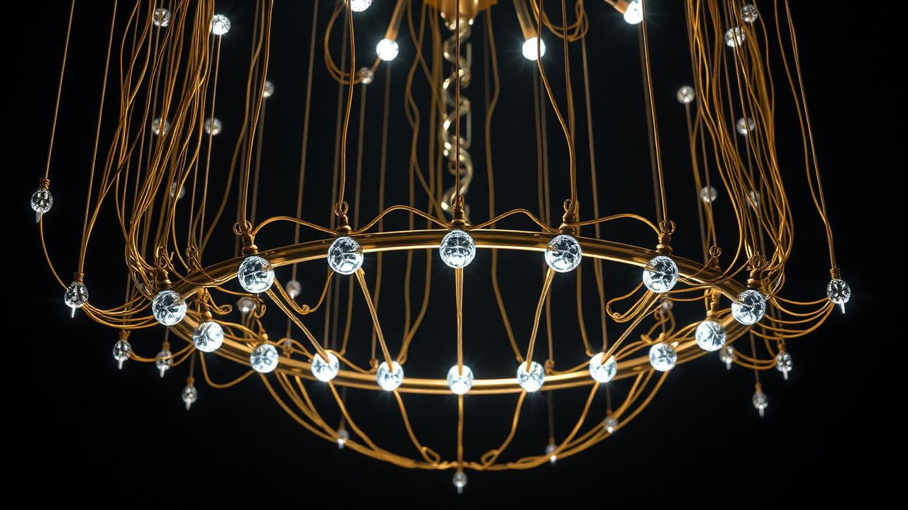Gold-wired quantum computer chandelier inside a cryogenic chamber