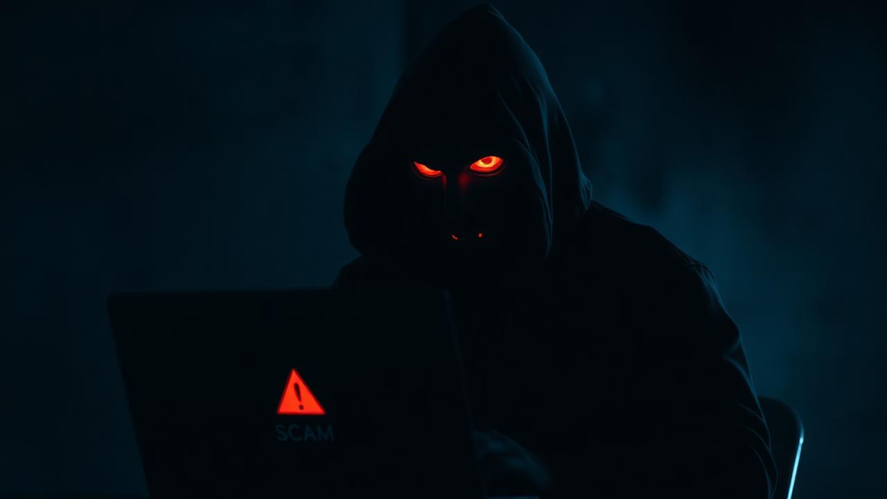 Hooded figure at a laptop with a red scam warning icon