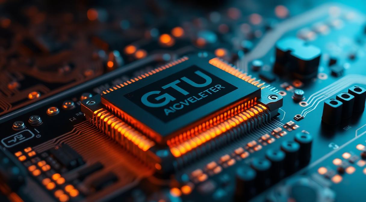 Close-up of an AI accelerator GPU package on a circuit board