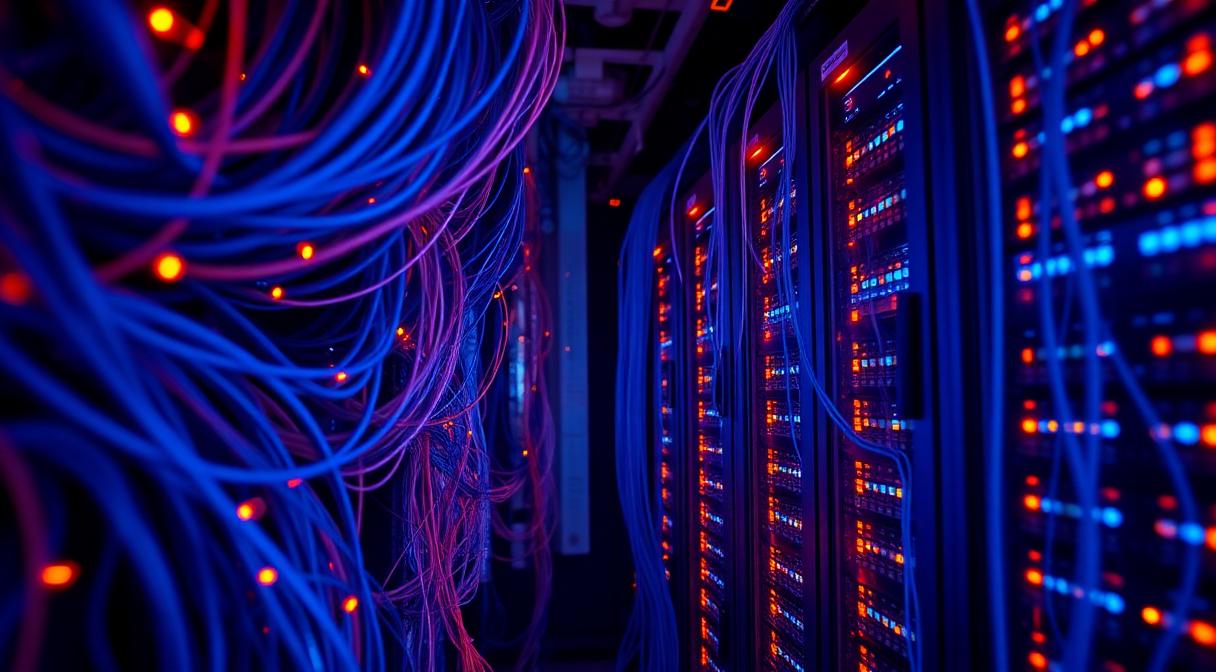 Fibre-optic cabling and network switches glowing inside a data centre