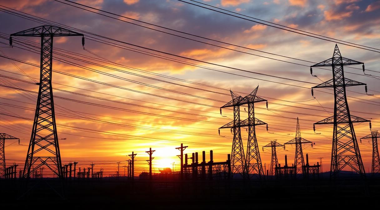 High-voltage substation and transmission pylons silhouetted at sunset