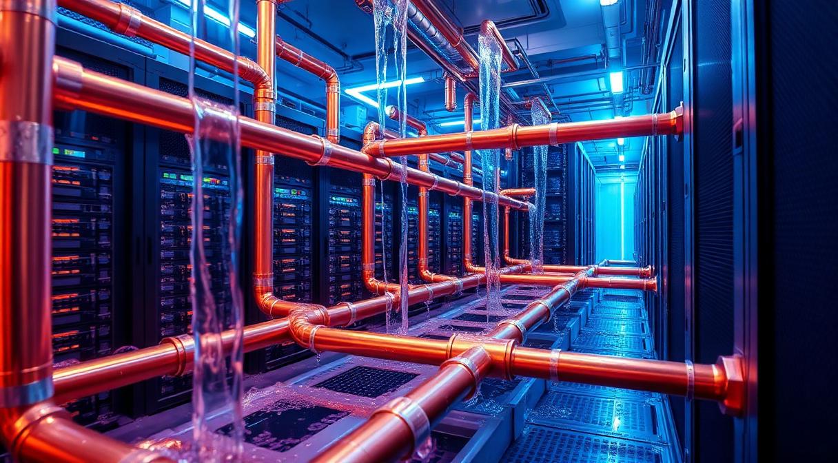 Liquid cooling pipework around server racks inside a data centre