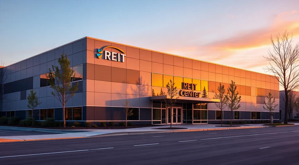 Exterior of a modern data centre REIT facility at golden hour