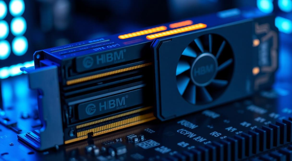High-bandwidth memory modules stacked beside a GPU
