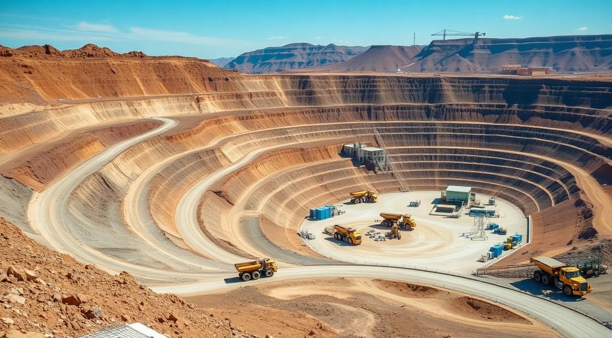 Large terraced open-pit gold mine with haul trucks