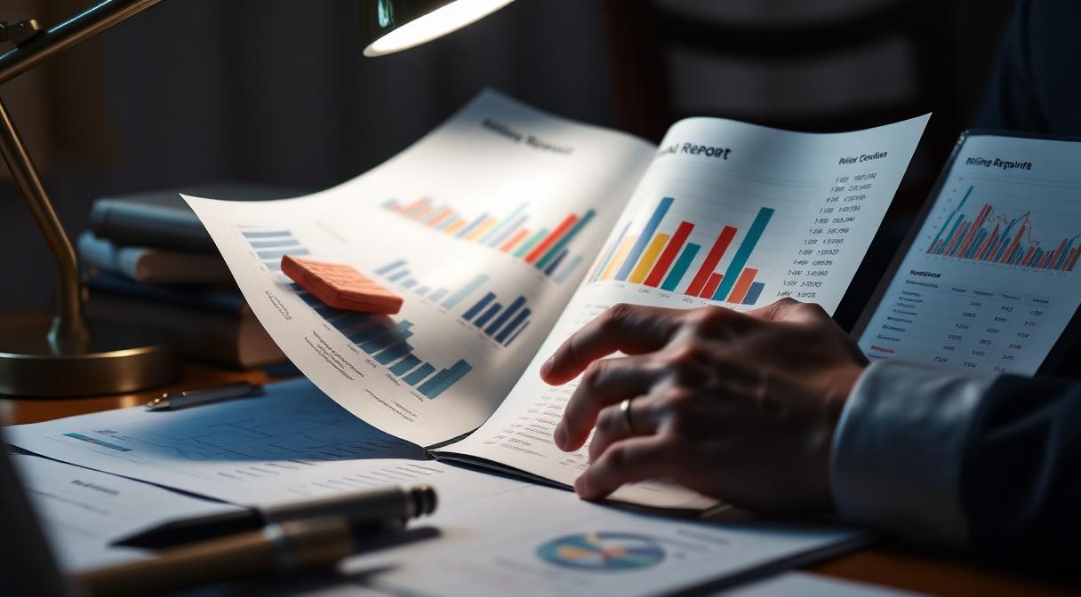 Analyst reviewing a mining company annual report and charts