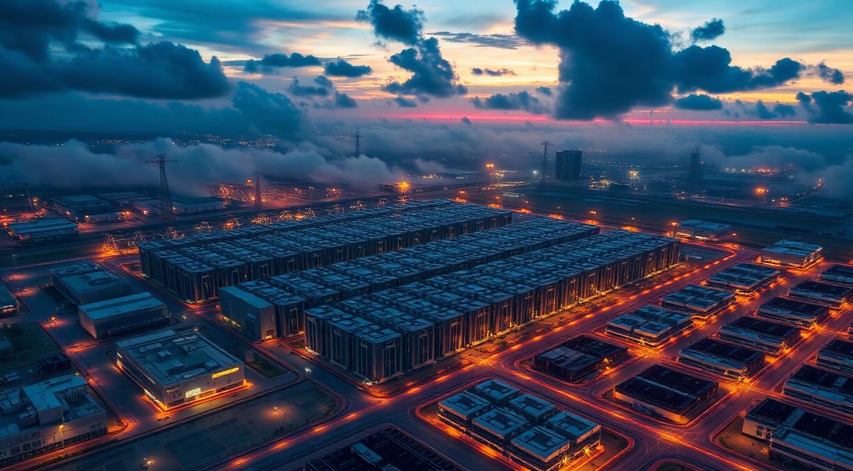 Aerial view of a hyperscale cloud data centre campus at dusk