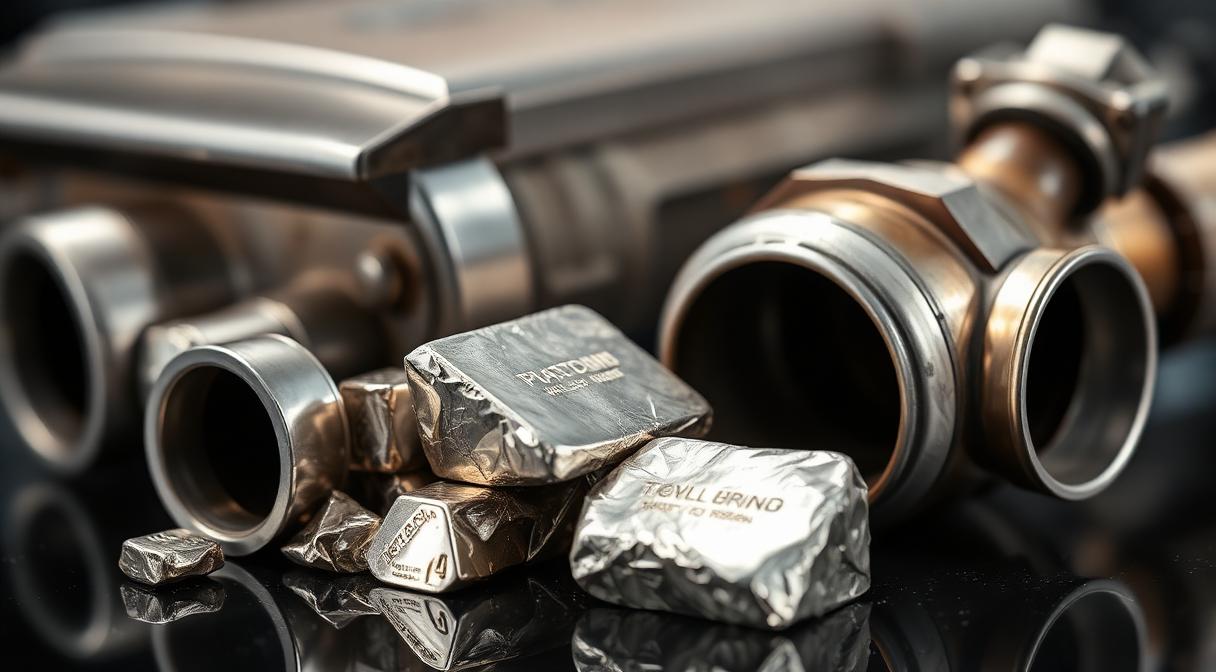 Platinum and palladium ingots beside a catalytic converter