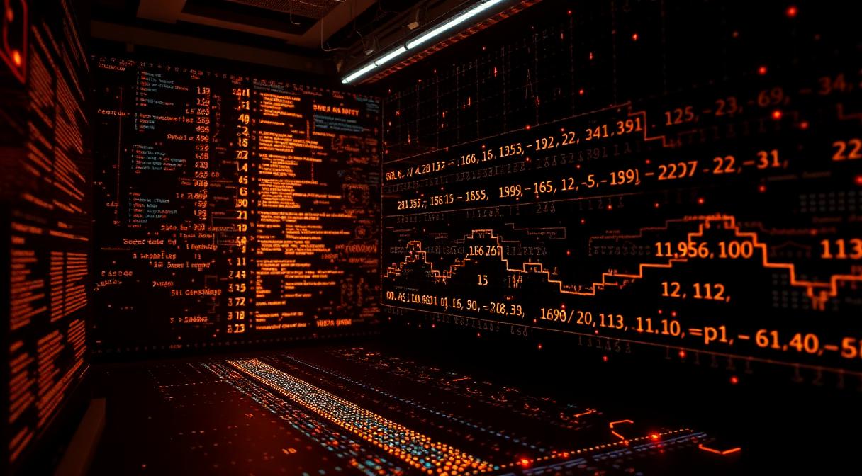 Mathematical algorithm visualisation glowing in a dark room