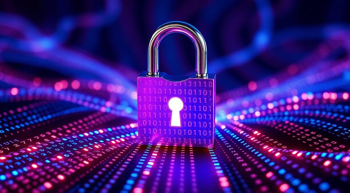 Digital padlock over a stream of binary code