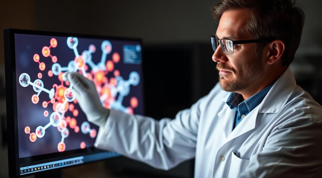 Scientist studying a molecular chemistry simulation on screen