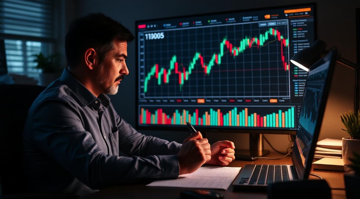 Investor reviewing a volatile stock chart on a dark monitor