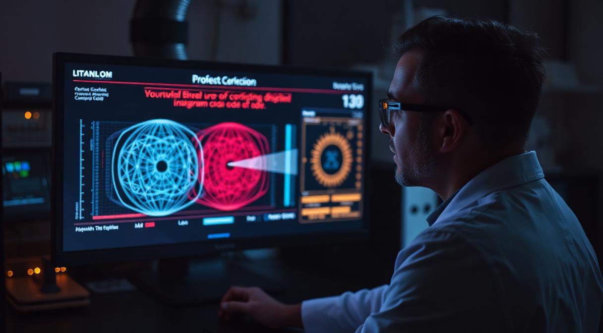 Researcher viewing a quantum error-correction surface code on a monitor
