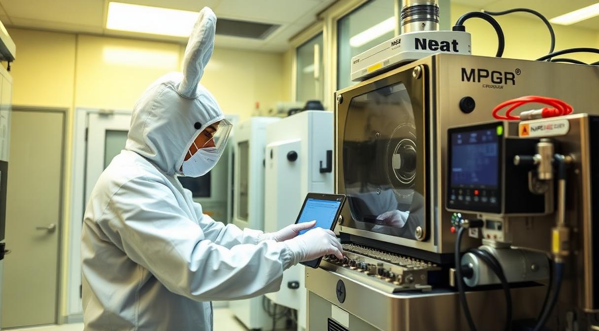 Semiconductor fab technician operating lithography equipment