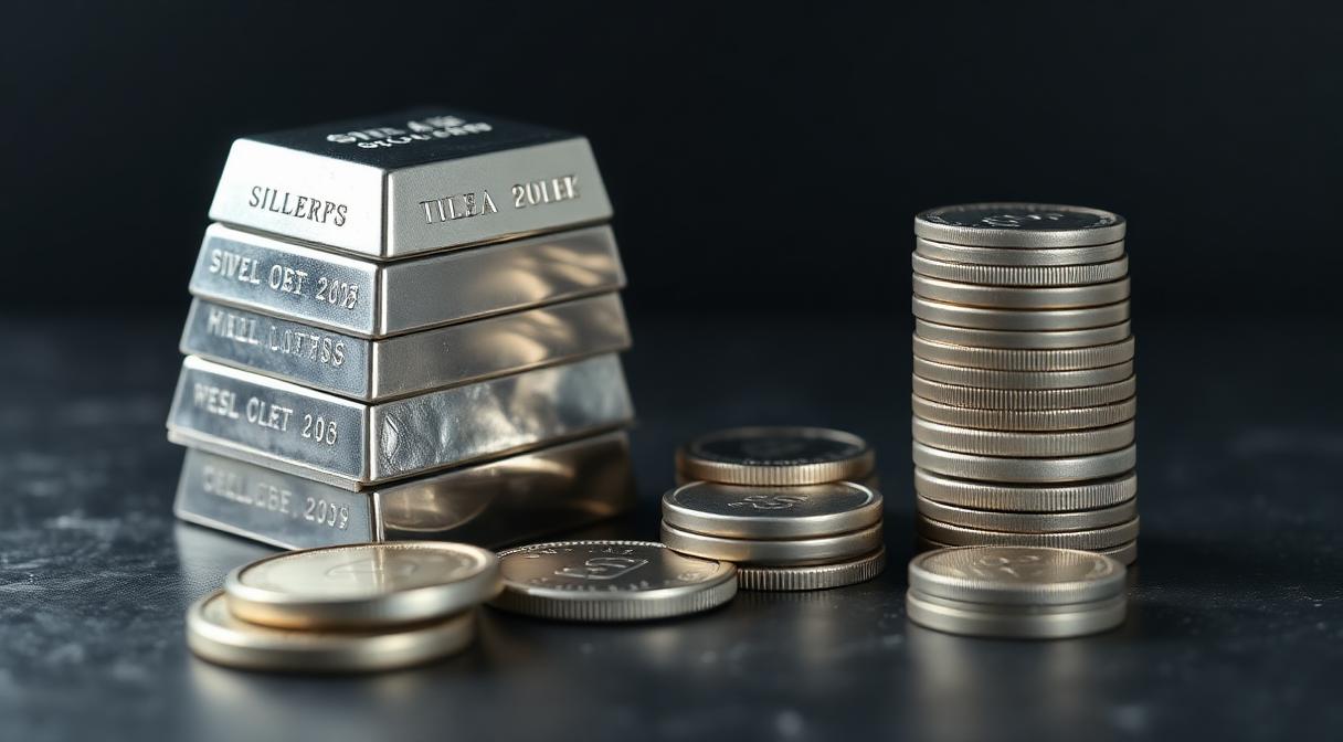 Silver bars and silver coins on a dark slate surface