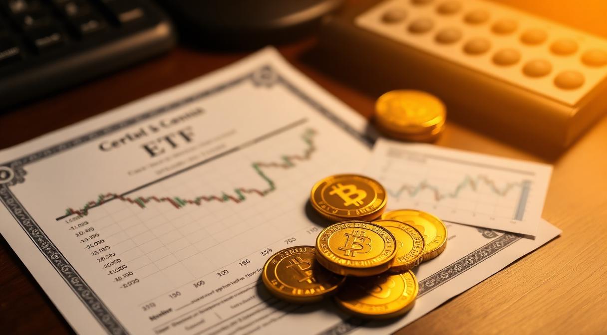 Gold coins, an ETF certificate and a small price chart on a desk