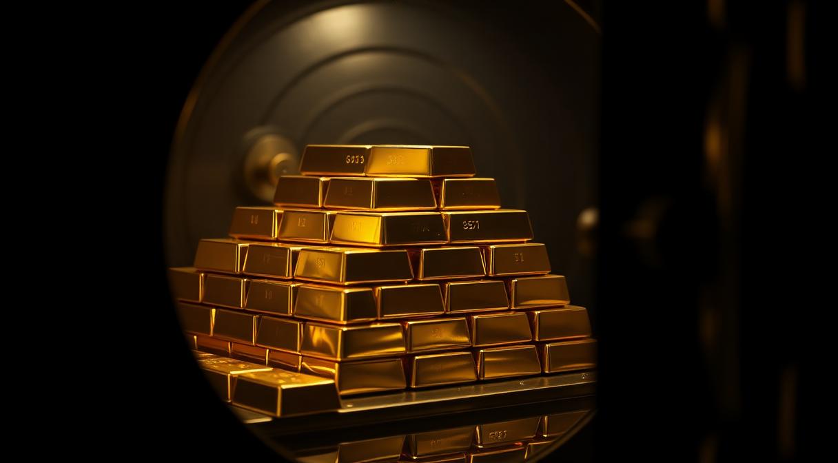 Stack of gold bullion bars inside a secure vault