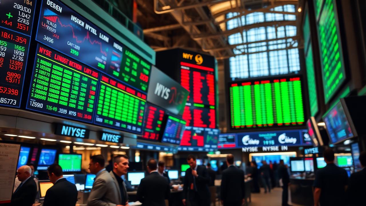 Stock exchange trading floor with electronic ticker boards displaying market data